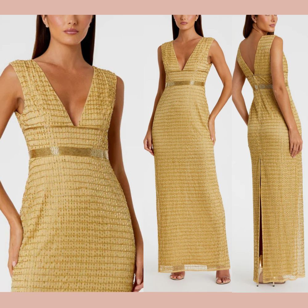 NWT $598 Mac Duggal [ 6 ] 5625 Beaded Cap Sleeve V Neck‎ Column Gown Gold #Q1095